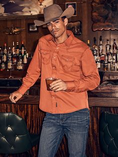 CLASSIC WRANGLER MADE MODERN With no shortage of Western authenticity, our men's Wrangler Retro® premium contrast trim western snap flap pocket solid shirt represents a true original in the American west. It's crafted from cotton for nonstop comfort. This contemporary take on the classic western snap shirt comes with all the iconic details you know and love, including two snap flap pockets with the 'W' stitching, two snap cuffs, and a full snap closure. Tucked or untucked, this long-sleeve snap Western Men Outfits, Mens Western Style, Western Outfits Men, Wrangler Shirts, American West, Wrangler Jeans, Men's Shirts, Western Outfits, Contrast Trim