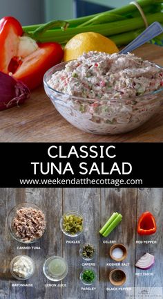 an image of tuna salad in a bowl with ingredients to make it on the side