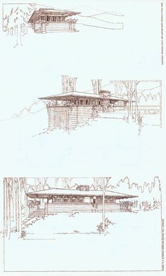 three drawings of different types of houses in the woods with trees and bushes around them