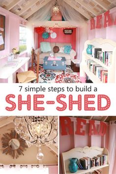 the inside of a small room with pink walls and white furniture, including a bed, desk