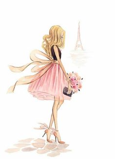 a drawing of a woman in a pink dress and heels with the eiffel tower in the background