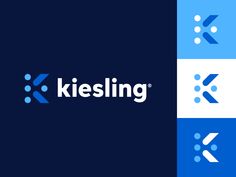 the logo for kiesling is shown in blue and white, with an arrow pointing up