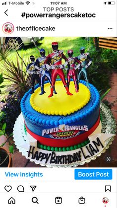 a birthday cake with the power rangers on it's bottom tier and an instagram post below