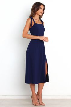 Laurel Dress - Navy - Petal & Pup USA Midi Dress With Adjustable Straps For Brunch, Strappy Midi Dress For Brunch, Midi-length Suspender Dress With Adjustable Straps For Brunch, Brunch Midi Sundress With Straps, Midi Sundress With Straps For Brunch, Chic Midi Length Dresses With Straps, Fitted Midi Sundress With Straps, Knee-length Dresses With Tie Straps For Day Out, Elegant Square Neck Midi Dress With Tie Back