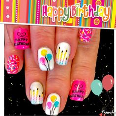 Happy Nail Designs, Balloon Nails Birthday, Balloon Nail Design, Balloon Nail Art, Birthday Nails Art, Nail Designs Birthday