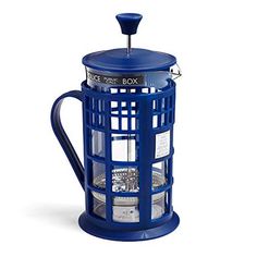 a blue coffee pot that is shaped like a doctor whos in the tardish