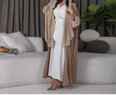 Long chiffon abaya that goes with everything. Chic Long Abaya For Eid, Elegant Eid Abaya With Cape, Elegant Beige Abaya For Eid, Elegant Beige Long Thobe, Elegant Long Beige Thobe, Elegant Long Beige Abaya, Dress Clothes For Women, Sweden, Dress Outfits