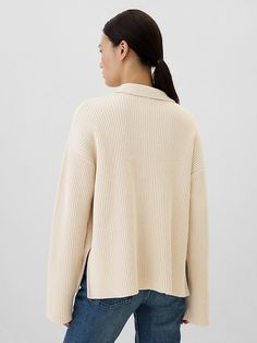 Soft cotton knit. Dropped shoulder, long sleeves. Johnny collar. Slits at hem. #521097 Long Sleeve Cotton Shirt, Johnny Collar, Cotton Long Sleeve Shirt, Collar Sweater, Split Hem, Cotton Knit, Sleeve Cotton, Drop Shoulder, Cotton Shirt