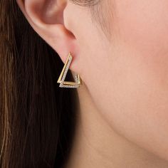 Modern and marvelous, these hoop earrings make a smart statement of fashion. Crafted in warm 10K gold, each geometric earring features two triangle-shaped hoops - one lined with shimmering petite lab-created white sapphires, the other polished - interlocked for a clever front-to-back look. Buffed to a brilliant lustre, these earrings secure with hinged backs. Double Triangle, Gold Book, Peoples Jewellers, Gold Price, Sapphire Stone, Geometric Earrings, White Sapphire, Earring Backs, Stone Settings