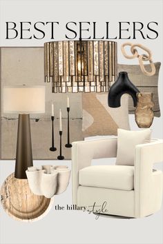 an interior design board with the words best sellers in black, white and gold colors