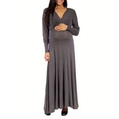 This lovely maternity maxi dress by 24/7 Comfort Apparel features a faux wrapped effect at the bodice, creating a feminine V-neck for a sensual but classy look. Slight stretch in construction, an empire waist, and long gradually fitted sleeves give this pull-on dress a flattering, comfortable fit for any and all body types. Easily dressed up or down, this versatile piece is perfect in any wardrobe Size: 3X. Color: Gray. Gender: female. Age Group: adult. Chic Flowy V-neck Maternity Dress, Fall Maternity Maxi Dress, Chic Maternity Maxi Dress Floor-length, Chic Floor-length Maxi Dress For Maternity, Flowy V-neck Maternity Maxi Dress, Flowy V-neck Maxi Dress For Maternity, Elegant Flowy Maternity Dress, Elegant Floor-length Flowy Maternity Dress, Fitted Maternity Dress With Surplice Neckline