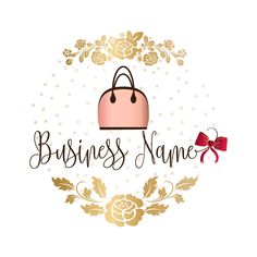 the logo for business name with a purse on it and flowers in front of it