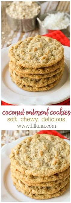 cookies are stacked on top of each other with the words coconut oatmeal cookies