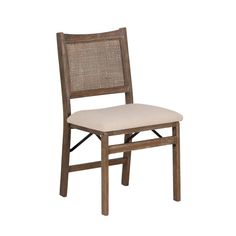 a wooden chair with a beige seat cushion