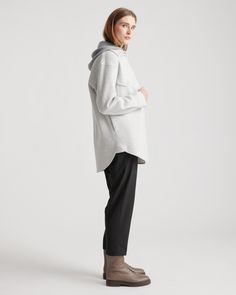 Our 100% Merino Wool Shirt Jacket is your perfect go-to style as the temperature starts to drop. Expertly tailored with boiled merino wool, this shirt jacket - shacket - has the relaxed silhouette of a shirt, but provides the warmth of a jacket. With an intentionally oversized look, it's perfect for layering and made to throw on over any outfit with ease.  | Quince | Women's 100% Merino Wool Shirt Jacket in Heather Grey, Size Medium Oversized Wool Casual Top, Oversized Casual Wool Top, Casual Oversized Wool Top, Winter Shacket With Pockets In Relaxed Fit, Winter Shacket With Pockets And Relaxed Fit, Casual Wool Shacket With Long Sleeves, Casual Wool Shacket For Fall, Winter Lapel Collar Top For Everyday, Relaxed Fit Shacket With Pockets For Winter