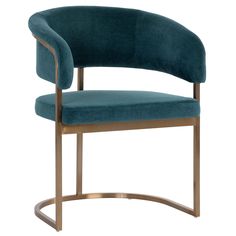 an upholstered chair with a gold frame and teal blue velvet seat cover