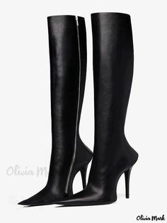 Olivia Mark - Exquisite Pointed Toe Knee High Boots with Chic Zipper Accents and High Heel Design Short Sleeve Bridesmaid Dress, Winter Heels, Pu Boots, Black High Heel Boots, Elegant High Heels, Designer High Heels, Pointed Toe Boots, Pointed Heels, Designer Boots