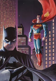 a painting of batman and robin wayne in the city