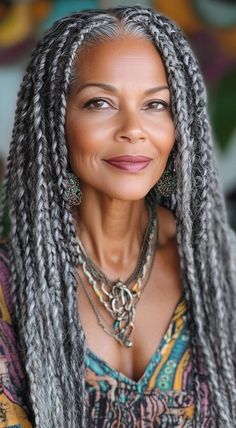 Individual Braids Styles, Salt And Pepper Braids Black Women, Individual Braids For Black Women, Older Black Women Hairstyles Over 50, Braids For Older Black Women, Braids For Older Black Women Over 50, Black Woman With Braids, Older Black Woman, Grey Braids