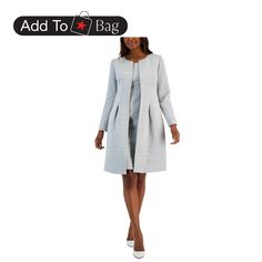 in stock Tailored Spring Career Dress, Tailored Career Dress For Spring, Fitted Spring Outerwear For Mother Of The Bride, Fitted Knee-length Outerwear For Daywear, Elegant Knee-length Spring Outerwear, Spring Knee-length Jacket Dress, Structured Jacket, Le Suit, Long Jacket