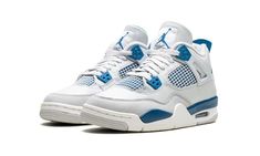 The Air Jordan 4 GS "Military Blue" is the youth sizing of an original colorway of Michael Jordan’s fourth signature shoe that was re-released in May 2024.  The Jordan 4 “Military Blue” is one of the retro basketball sneaker’s original colorways, and one of its rarest, too.  The style was only released twice before, in 1989 and 2006, until it was brought back in 2024.  The modern version of the “Military Blue” remains faithful to the original look, in that it features the same shape, color block, and “Nike Air” branding as the ‘89 version.  The shoe has a white leather upper with a Neutral Grey overlay on the toe.  Additional Neutral Grey accenting appears on the lace holder “wings. ” White netting is layered over Military Blue mesh on the mid-panel and tongue.  More Military Blue accentin Air Jordan 4 Military Blue, Jorands 4, Military Blue 4s Outfit, Blue Jordan 4’s, White And Blue Jordans, Jordan 4s Blue, Air Jordan 4 Retro Blue, Shoes Jordan 4s, Jordan Fours