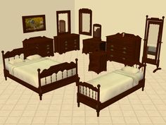 a bed, dresser and mirror are shown in this image with multiple color swatches