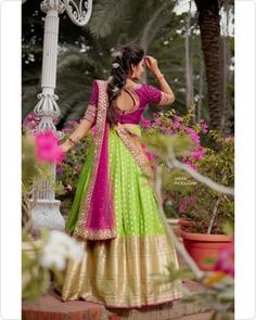 Leghana With Saree, Farewell Lehenga, Half Saree Photoshoot Poses, Half Saree Blouse Designs Pattern, Pattu Frocks, Lehenga Patterns, Half Saree Set, Traditional Half Saree, Lehanga Saree