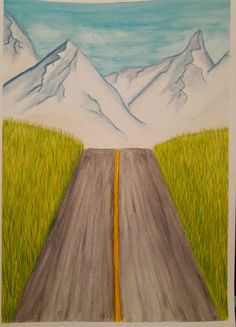 a drawing of an empty road with mountains in the background and grass on both sides