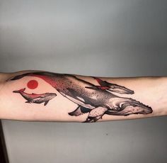 a person's arm with a tattoo on it that has two dolphins and a red sun