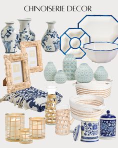 blue and white vases, plates, bowls, cups and other items are arranged in a collage