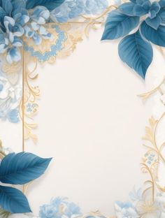 blue and white flowers with gold trim around the edges on a white background that is bordered by leaves