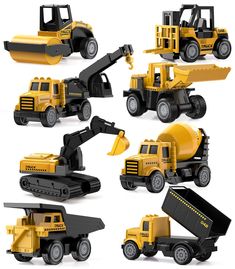 various construction vehicles are shown in different positions