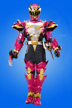 a man in a pink and yellow armor suit