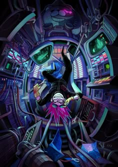 an image of a cartoon character in a space station with other characters and objects around him