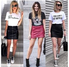 Graphic/Print T-Shirts with short, fitted skirts & sneakers or casual boots Black Leather Skirt Outfit Casual, A Line Skirt Outfits Work, Skirt And Graphic Tee Outfit, Skirt And Tshirt Outfits, Tshirt Skirt Outfit, Leather Skirt Outfit Casual, Pub Outfit, Black Leather Skirt Outfit, Outfit With Sneakers