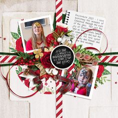 a scrapbook page with christmas pictures and ribbons on it, including an ornament