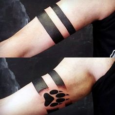 two pictures of the same person's arm with an animal paw tattoo on it