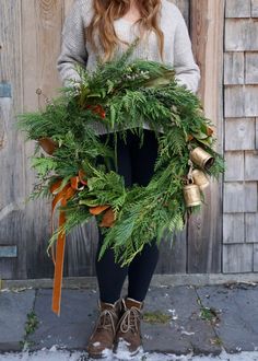 Fresh Christmas Wreath, Real Wreath, Winter Wreath, Holiday Wreath for Front Door, Velvet Ribbon, Evergreens Wreath with Christmas Bells Real Wreath, Real Christmas Wreaths, Wreath With Bells, Fresh Christmas Wreath, Red Wreath, Real Christmas, Trending Items