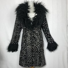 Same Day Shipping - Full Measurements Below Super Rare! 90's Vintage Animal Print (Zebra/Cow) Entirely Faux Fur- The Body Is Like A Faux Pony Hair - Soft And The Collar And Cuffs Are Faux Mongolian Shag Fully Lined Jacket Was Well Taken Care Of - No Holes Or Dry Rotting Or Stiffness Oversized Collar And Cuffs V Neck Plunge Button Down Front Condition: In Excellent Condition- Only Slight Condition To Lining- Some Pulling At Three Seams And A Tiny Hole In The Lining By The Left Shoulder-Photos Abo Fitted Black Fur Coat For Spring, Designer Fitted Fur Coat With Faux Fur Trim, Fitted Designer Fur Coat With Faux Fur Trim, Designer Fitted Fur Coat For Winter, Designer Fitted Fur Coat For Fall, Fur Animal, Fran Fine, Vintage Betsey Johnson, Elizabeth Hurley