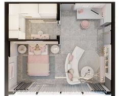 an aerial view of a bedroom and living room in a small apartment with white furniture