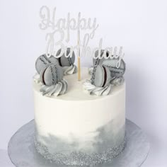 a birthday cake decorated with silver and white frosting, topped with an elephant topper