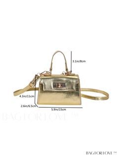 BagForLove - Chic Mini Metallic Crocodile Flap Bag with Twist Lock - Trendy & Compact Product Description Color Gold Magnetic No Type Square Bag Bag Size Mini Style Casual Strap Type Adjustable Pattern Type Plain Closure Type Turn-lock Composition 100% Polyester Material PU Size Chart INCH CM Strap Length Bag Length Bag Width Bag Height Handle Height 45.7 inch 5.9 inch 2.6 inch 4.3 inch 3.1 inch Strap Length Bag Length Bag Width Bag Height Handle Height 116 cm 15 cm 6.5 cm 11 cm 8 cm Details Pic Gold Handheld Satchel With Mobile Phone Bag, Gold Top Handle Satchel With Hasp Closure, Gold Bags With Adjustable Strap For Gift, Gold Crossbody Bag With Hasp Closure, Trendy Portable Gold Bags, Trendy Gold Shoulder Bag With Hasp Closure, Gold Satchel With Hasp Closure, Trendy Gold Satchel As Gift, Trendy Gold Satchel For Gift