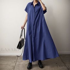 Lasaky - Loose-Fit Linen Short-Sleeve Shirt Dress with Turn-Down Collar Short Sleeve Non-stretch Maxi Dress For Fall, Non-stretch Short Sleeve Maxi Dress For Fall, Casual Short Sleeve Maxi Dress For Fall, Blue Oversized Maxi Dress With Short Sleeves, Oversized Blue Maxi Dress With Short Sleeves, Casual Short Sleeve Maxi Dress For Work, Blue Oversized Short Sleeve Dress, Oversized Blue Short Sleeve Dress, Solid Color Relaxed Fit Short Sleeve Maxi Dress