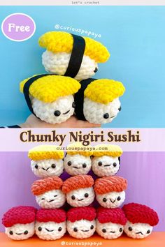 there is a small group of sushi stuffed animals in different colors and sizes with the caption chunky nigii sushi