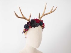 This beautiful antler headband is a lovely accessory, perfect for a party or photo-shooting session. Our stunning faux flowers look like the real. Head circumference:  one size fits all (adjustable) / fits adults Antler Headdress, Deer Antler Headband, Faun Costume, Deer Antlers Headband, Antler Headband, Floral Headband, Deer Antler, Gold Crown, Floral Headbands