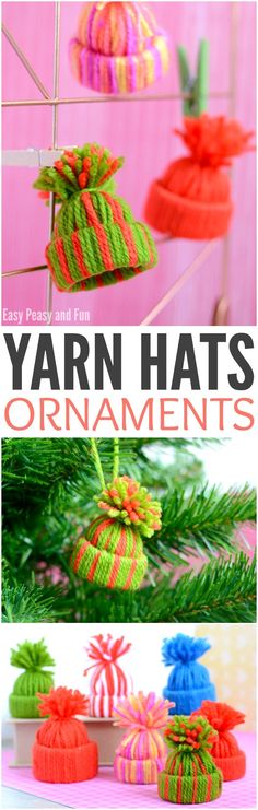 yarn hats are hanging from a rack with ribbons on them and the words yarn hats ornaments below it