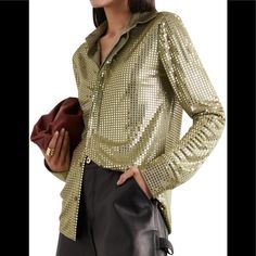 Questions? Leave A Comment Below! Bottega Veneta Heels, Studded Shirt, Kimono Shirt, Embellished Collar, White Shirts Women, Uniform Shirts, Green It, Cotton Kimono, Gold Sequin