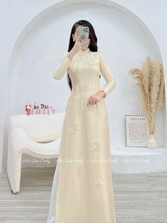 🌻 Stretchy level: 2/10 🌻Material: Lụa vân gỗ 🌻 The measurement of this ao dai (long dress) is in Vietnamese size (American size tends to be bigger for the same size). Please LOOK AT THE SIZE CHART CAREFULLY BEFORE ORDERING. There might have some chalk writings on the fabric due to making process. These marks can be washed away easily. 🌻No returns or exchanges Buyer can contact seller about any issues with an order. 💜 Thank you very much!💜 White Full Length Spring Dresses, Full Length Beige Dress For Spring, Beige Full Length Dress For Spring, Elegant Maxi Length Spring Set, Elegant Spring Maxi Sets, Elegant Spring Maxi Length Sets, Beige Full-length Dress For Spring, Elegant Full Length Ao Dai For Spring, Summer Wedding Ao Dai In Maxi Length