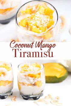 coconut mango trirami dessert in small glass bowls on a white surface with text overlay