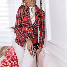 Plaid Blazer Professional Jacket - Classic and Stylish Workwear - Women's Business Attire Cardigan Blazer, Blazer Casual, Plus Size Suits, Casual Blazer, Long Sleeve Blazers, Plaid Blazer, Fashion Seasons, Blazer Buttons, Colored Blazer